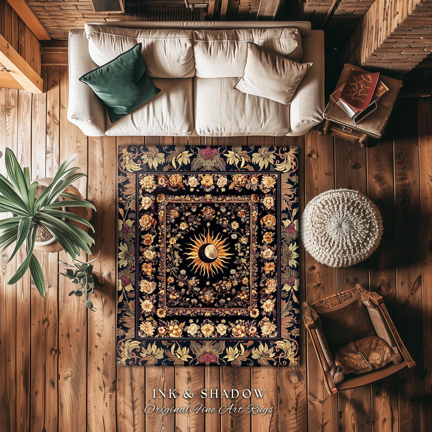 Cosmic Elegance Celestial Area Rug | Dark Cottagecore Moon and Sun Ethereal Divine Aesthetic Witchy Bohemian Eclectic Spiritual Bedroom Rug