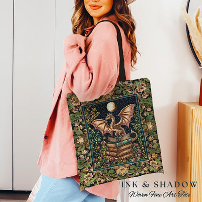 Medieval Library Mystic Dragon Tapestry Tote | Ethereal Victorian Floral Bag for Book Lovers Woodland Fairytale Dark Academia Folklore Style