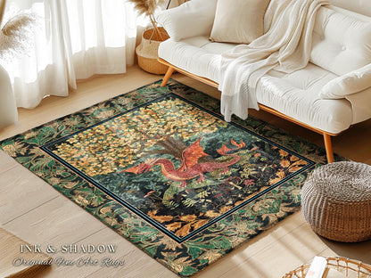 Moody Maximalist Dragon Area Rug | Dark Floral Cottagecore Home Accent Woodland Gothic Medieval Bedroom Decor Ethereal Fairytale Themed Art