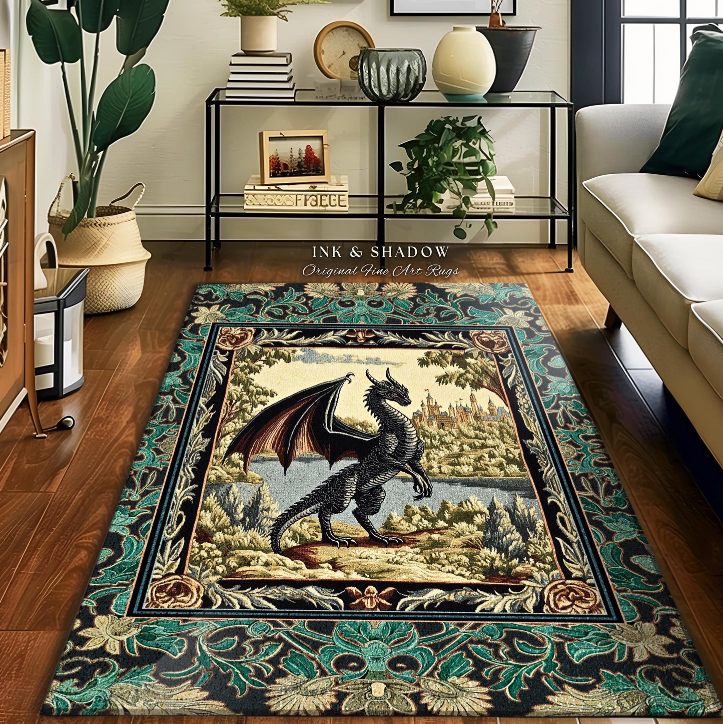 Dark Medieval Storybook Dragon Rug | Fairytale Theme Ornate Dark Academia Gothic Woodland Ornate Bedroom Botanical Bedroom Accent Maximalist