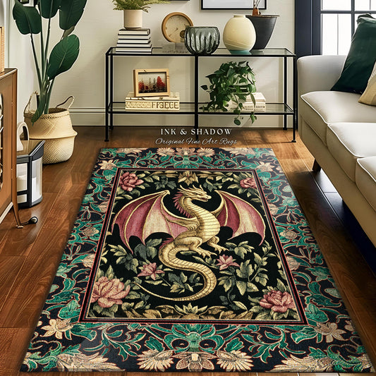 Victorian Gothic Medieval Dragon Rug | Enchanted Ornate Baroque Fantasy Home Accent Mystical Vintage Whimsigoth Woodland Bedroom Art Trendy