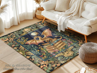 Medieval Library Mystic Dragon Rug | Ethereal Victorian Floral Rug for Book Nook Woodland Fairytale Dark Academia Folklore Style Bedroom |