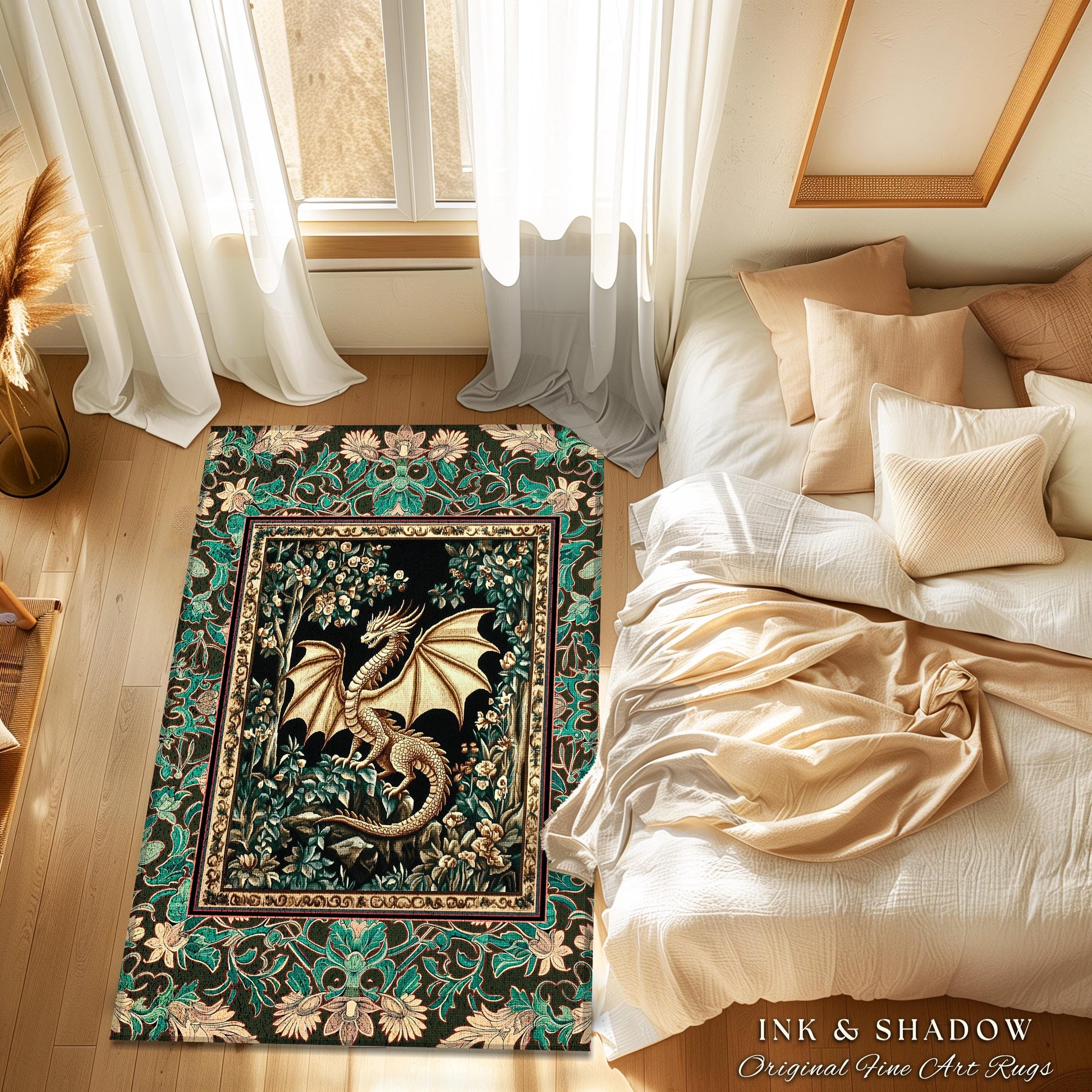 Royal Elegance Floral Medieval Area Rug | Mystic Woods Golden Chinese Dragon Reading Corner Moody Home Accent Rug Bedroom Dark Cottagecore