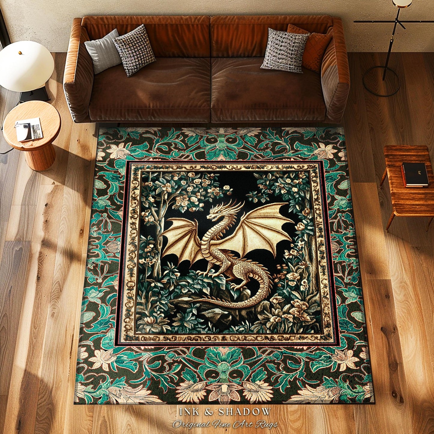 Royal Elegance Floral Medieval Area Rug | Mystic Woods Golden Chinese Dragon Reading Corner Moody Home Accent Rug Bedroom Dark Cottagecore