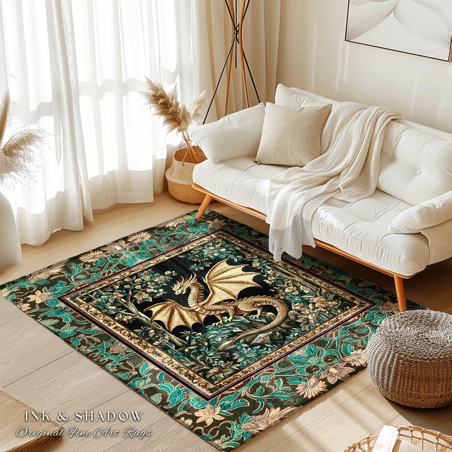 Royal Elegance Floral Medieval Area Rug | Mystic Woods Golden Chinese Dragon Reading Corner Moody Home Accent Rug Bedroom Dark Cottagecore