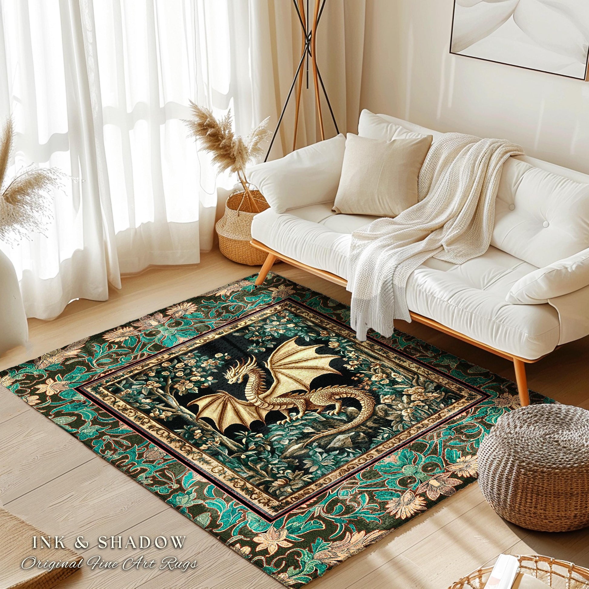 Royal Elegance Floral Medieval Area Rug | Mystic Woods Golden Chinese Dragon Reading Corner Moody Home Accent Rug Bedroom Dark Cottagecore