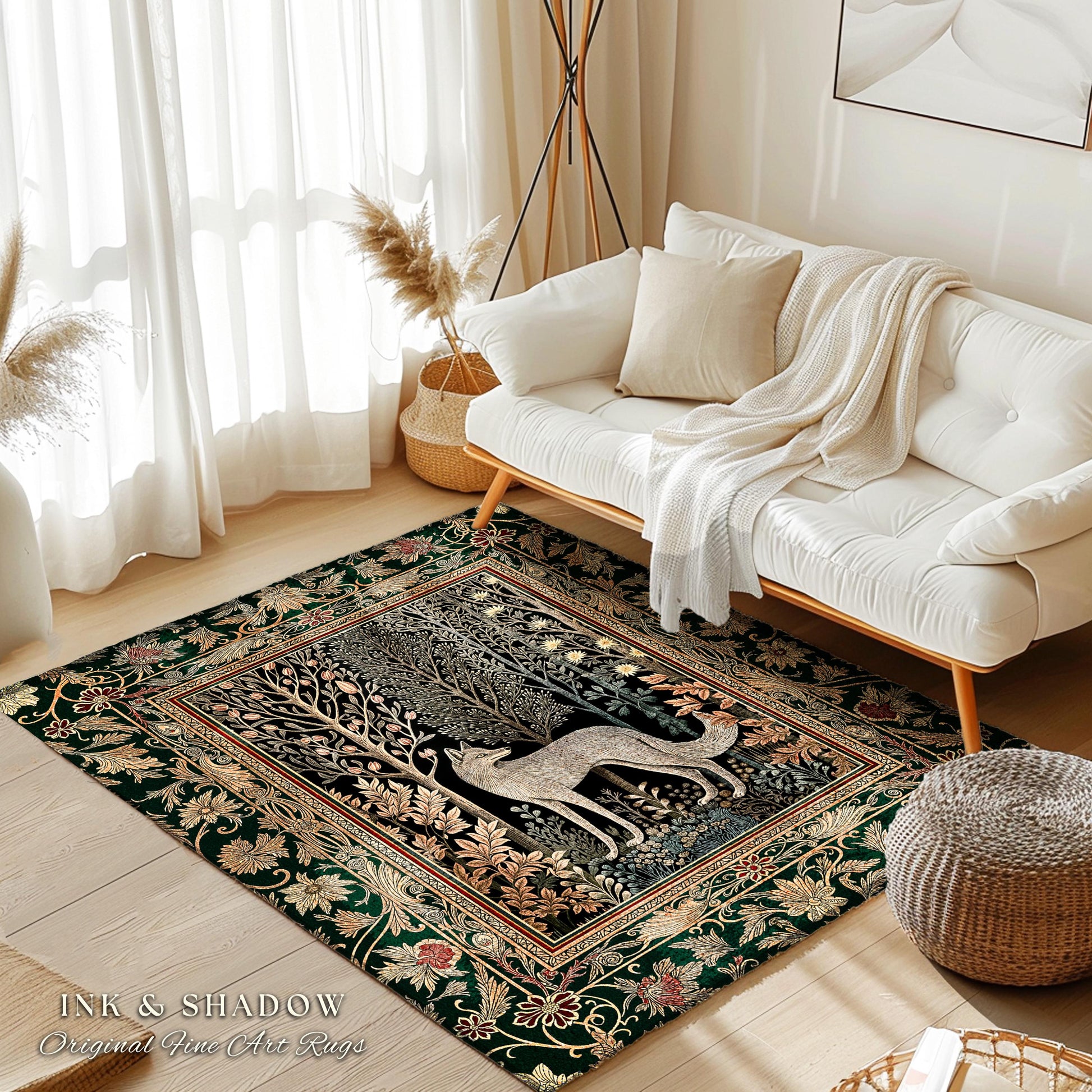 Cozy Hygge Woodland Wolf Area Rug | Elegant Cottagecore Forest Bohemian Room Decor Homey Aesthetic Magical Nature Fairytale Inspired Bedroom