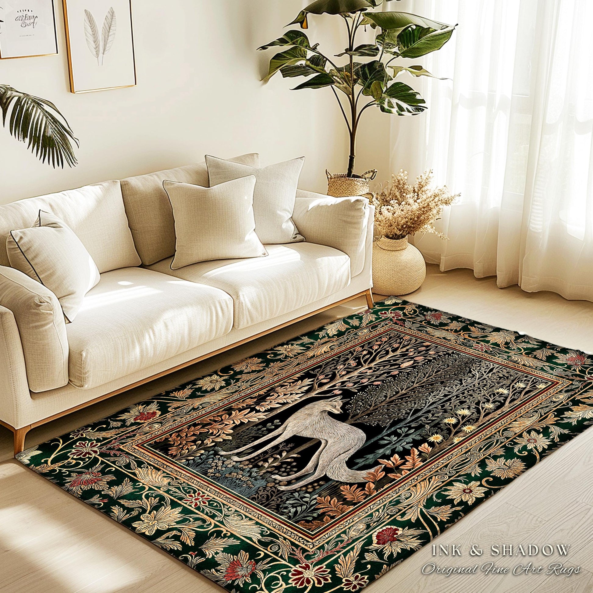 Cozy Hygge Woodland Wolf Area Rug | Elegant Cottagecore Forest Bohemian Room Decor Homey Aesthetic Magical Nature Fairytale Inspired Bedroom