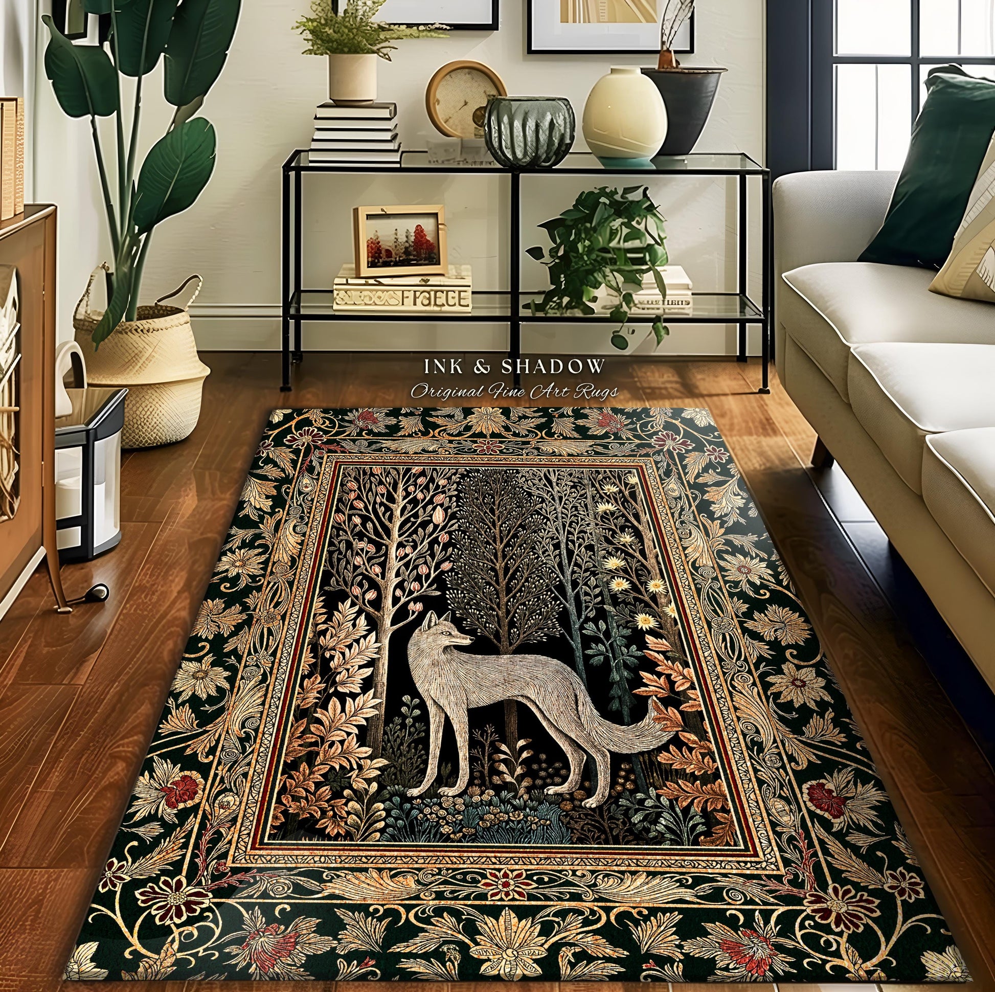 Cozy Hygge Woodland Wolf Area Rug | Elegant Cottagecore Forest Bohemian Room Decor Homey Aesthetic Magical Nature Fairytale Inspired Bedroom