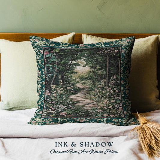 Woodland Forest Cottagecore Pillow | Fairycore Aesthetic Magical Woodland Bedroom Emerald Green Home Decor Whimsigothic Tapestry Cushion |