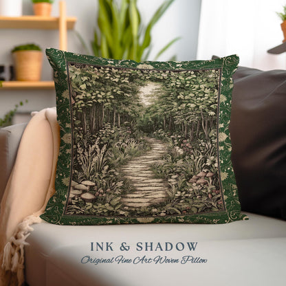 Ethereal Woodland Meadow Tapestry Pillow | Dark Academia Folklore Fairy Core Aesthetic Cushion Magical Bedroom Emerald Green Home Decor |