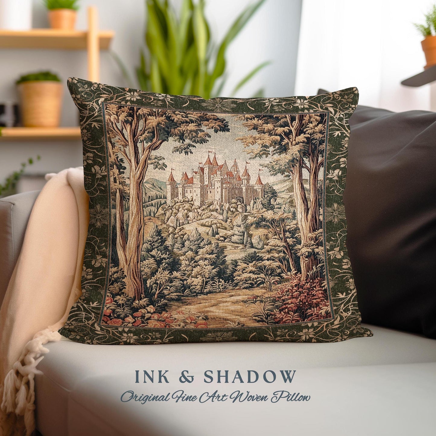 Mystic Castle Book Nook Tapestry Pillow Ethereal Fairycore Folklore Aesthetic | Magical Woodland Botanical Cushion Dark Academia Indie Decor