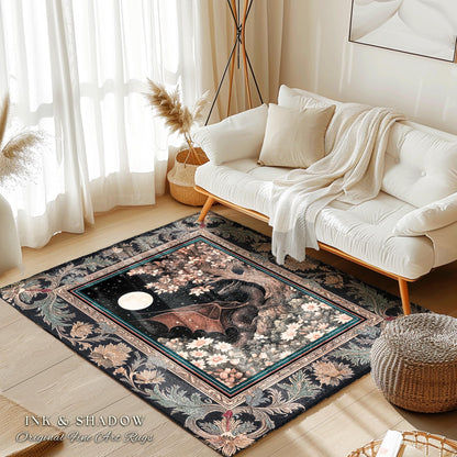 Dreamscape Rug Twilight Dragon Dark Floral Enchanted Victorian Gothic Art Decor | Mystic Forest Whimsical Folklore Magical Home Accent |