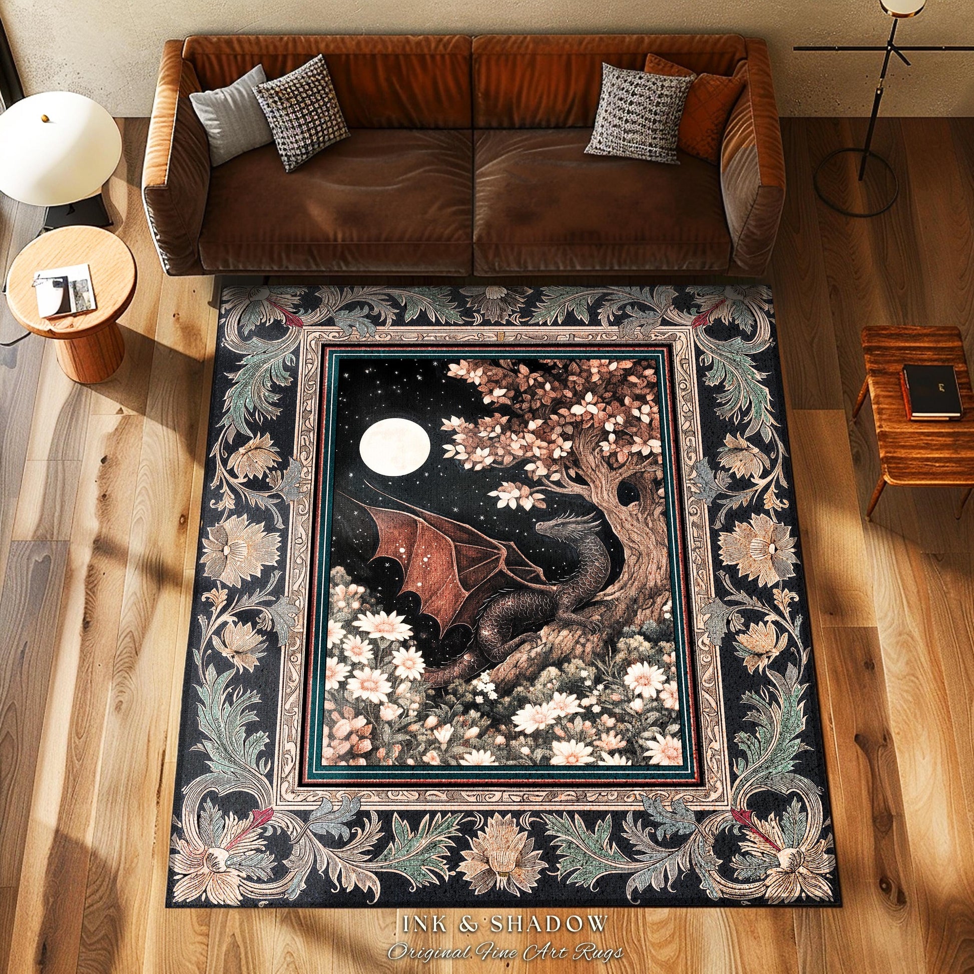 Dreamscape Rug Twilight Dragon Dark Floral Enchanted Victorian Gothic Art Decor | Mystic Forest Whimsical Folklore Magical Home Accent |