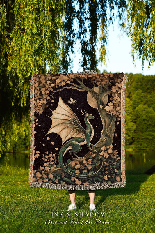 Gilded Hygge Antique Mystical Dragon Blanket Moonlit Forest Fantasy Art Throw | Vintage Celestial Romantic Baroque Woodland Gothic Tapestry