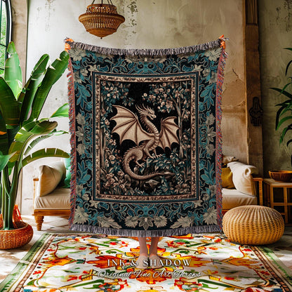 Magical Dragon Dark Floral Tapestry | Mystical Witchy Bedroom Ornate Fantasy Tapestry Floral Throw Blanket Mythical Creatures Vintage Whimsy