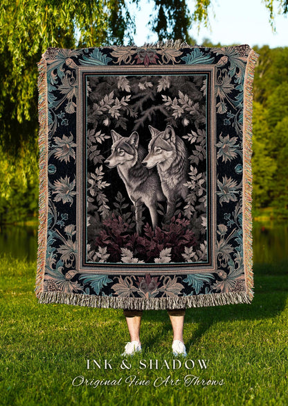 Cabincore Cozy Woodland Wolf Blanket | Ethereal Botanical Enchanted Forest Mystic Wolf Blanket Lake House Tapestry Fairy Aesthetic Gothic |