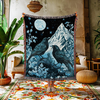 Moody Mountain Crow Woven Blanket | Icy Blue Crowcore Gothic Enchantment Tapestry Whimsical Woodland Goblincore Bedding Raven Magical Throw