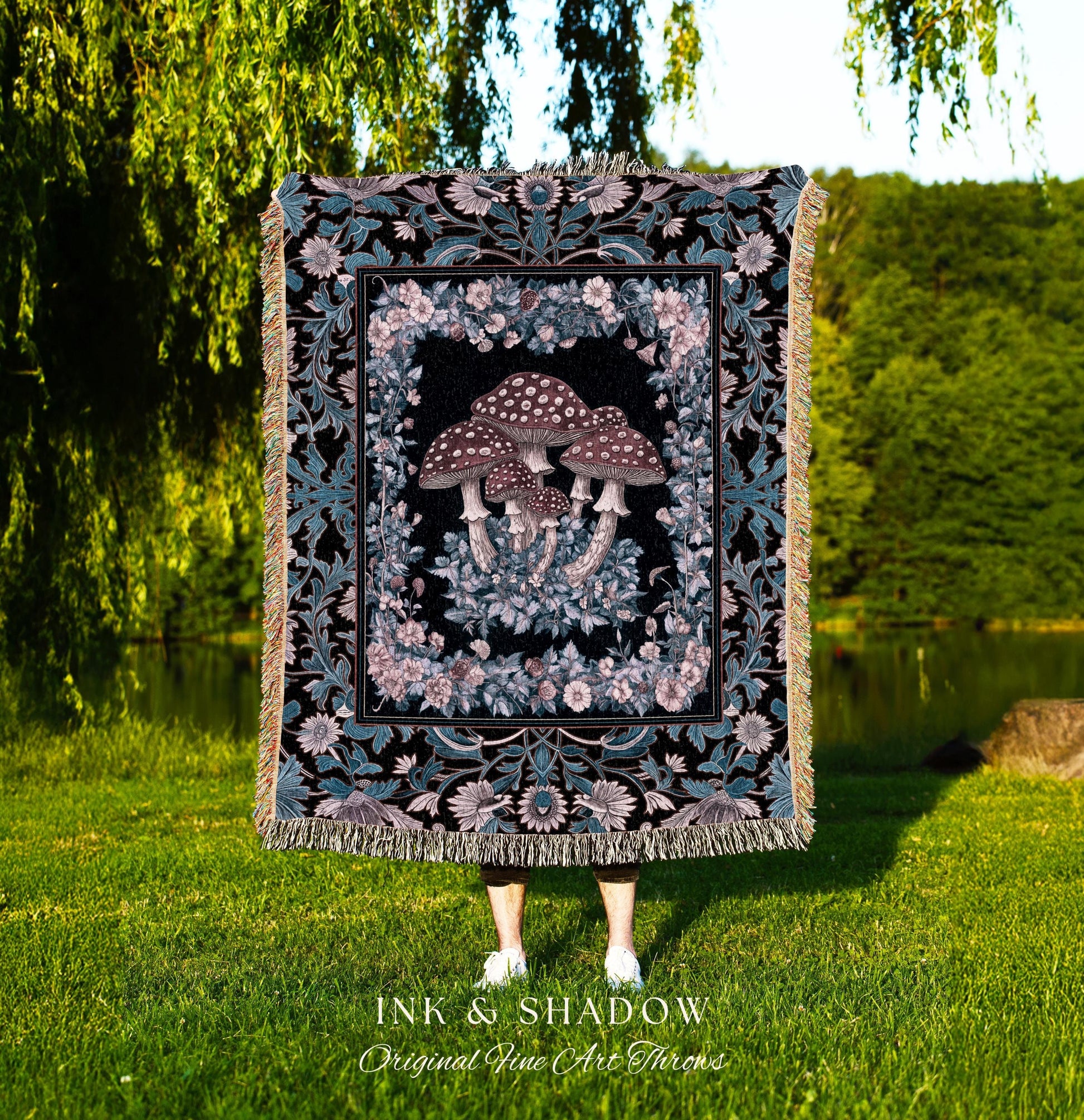 Foraging Fungi Mushroom Throw | Whimsical Eclectic Woven Blanket for Fairy Aesthetic Bedroom Whimsigoth Decor Fairycore Toadstool Witchy |