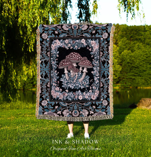 Foraging Fungi Mushroom Throw | Whimsical Eclectic Woven Blanket for Fairy Aesthetic Bedroom Whimsigoth Decor Fairycore Toadstool Witchy |