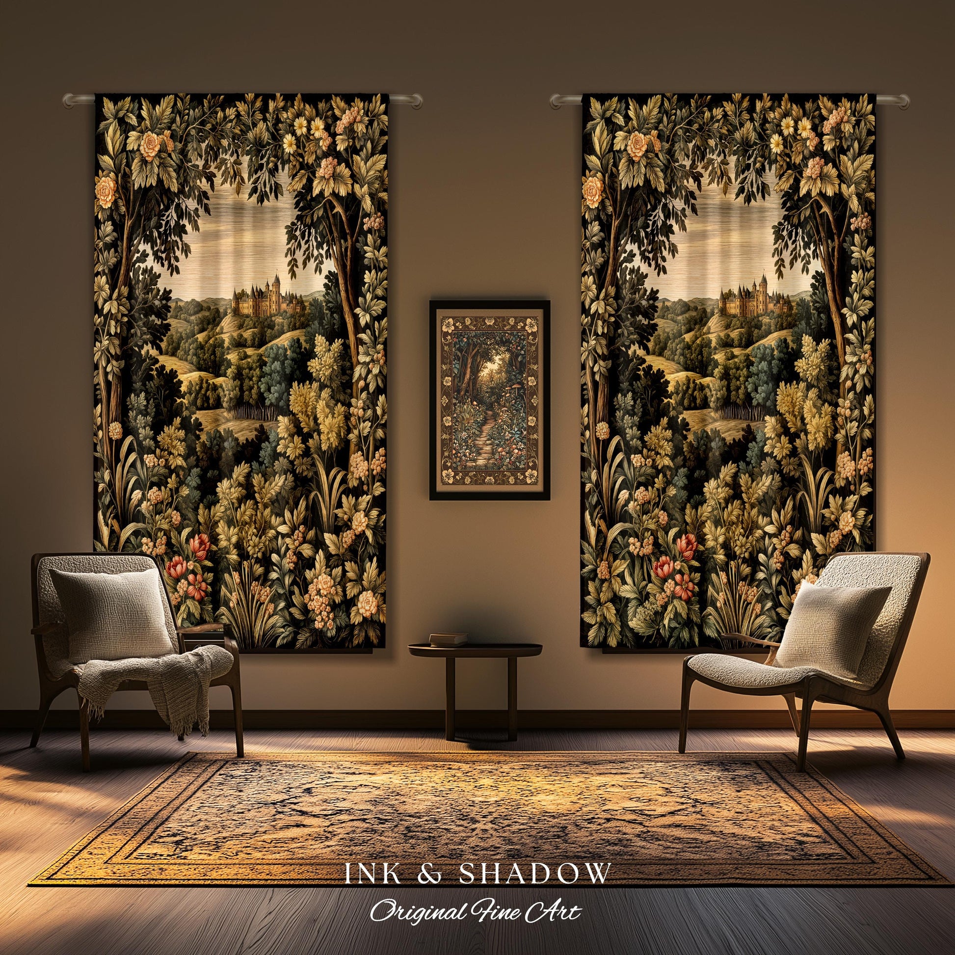 Medieval Meadow Window Drapes | Rustic Fairytale Castle Landscape Woodland Fairy Folklore Princesscore Aesthetic Mystic Victorian Curtains |