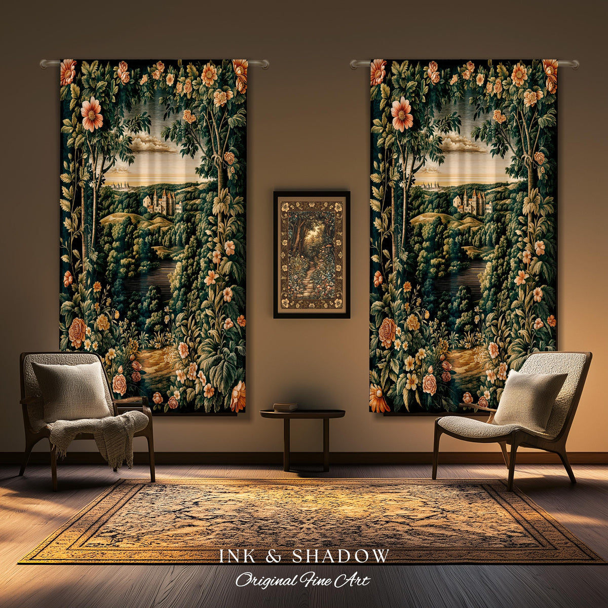 Princess Medieval Castle Window Curtains | Rustic Floral Landscape Whimsigoth Ethereal Bedroom Aesthetic Drapes Woodland Goth Romantic Decor