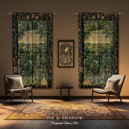 Rosy Forestcore Floral Window Drapes | Woodland Castle Dreamy Ethereal Aesthetic Curtains Princess Room Woodland Medieval Whimsical Elegance