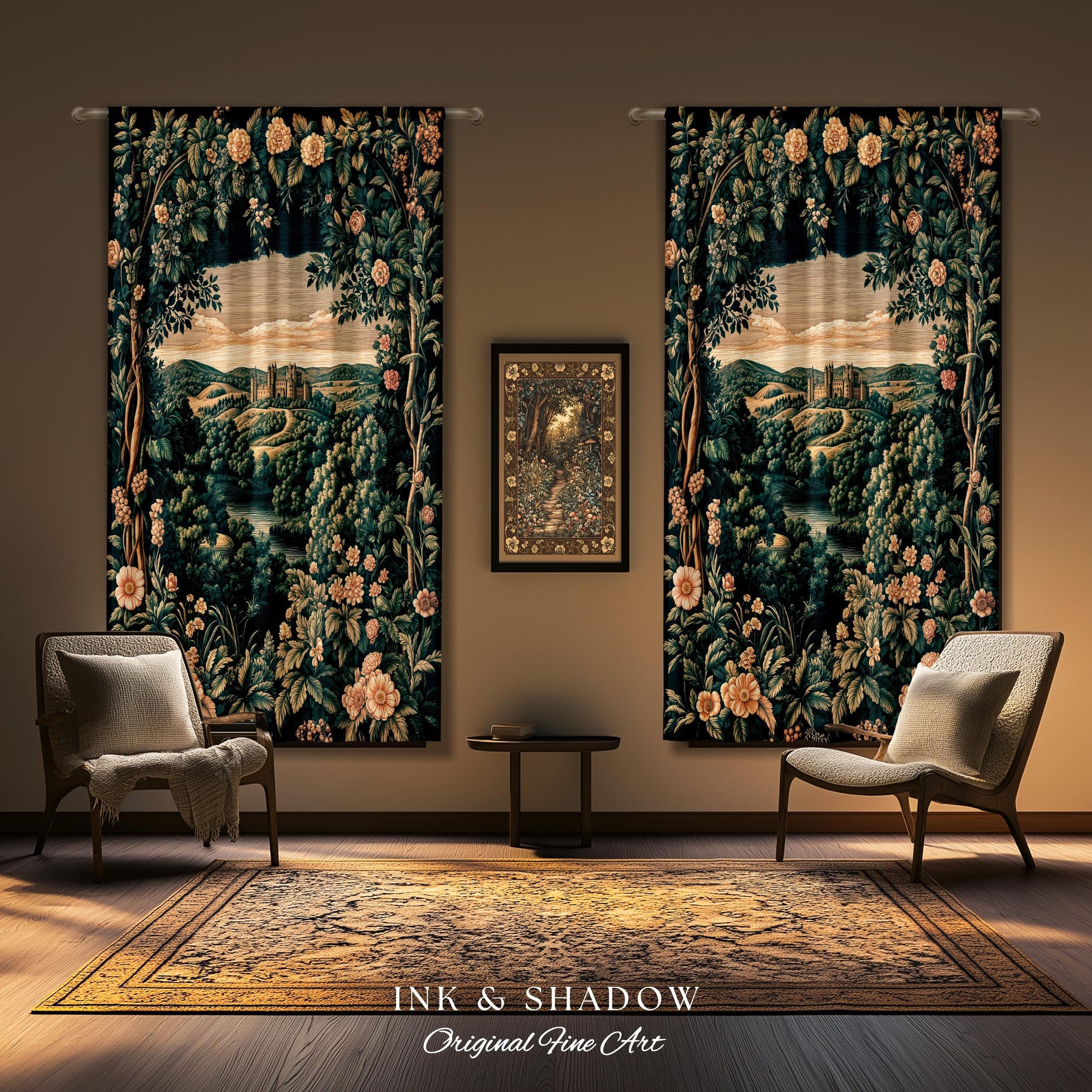 Rosy Forestcore Floral Window Drapes | Woodland Castle Dreamy Ethereal Aesthetic Curtains Princess Room Woodland Medieval Whimsical Elegance