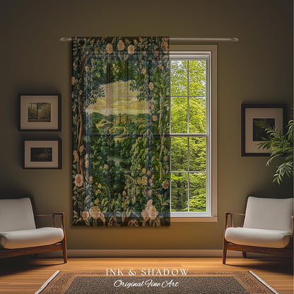 Rosy Forestcore Floral Window Drapes | Woodland Castle Dreamy Ethereal Aesthetic Curtains Princess Room Woodland Medieval Whimsical Elegance