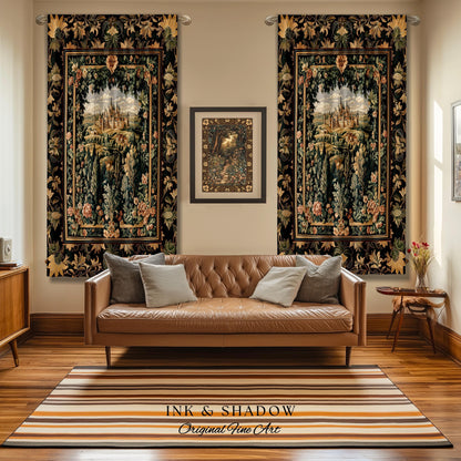 Dark Academia Victorian Royal Curtain | Fantasy Window Blackout Decor Woodland Princess Medieval Rustic Floral Landscape Coquette Maximalist