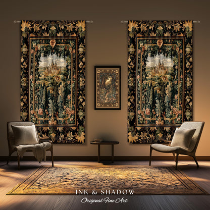 Dark Academia Victorian Royal Curtain | Fantasy Window Blackout Decor Woodland Princess Medieval Rustic Floral Landscape Coquette Maximalist