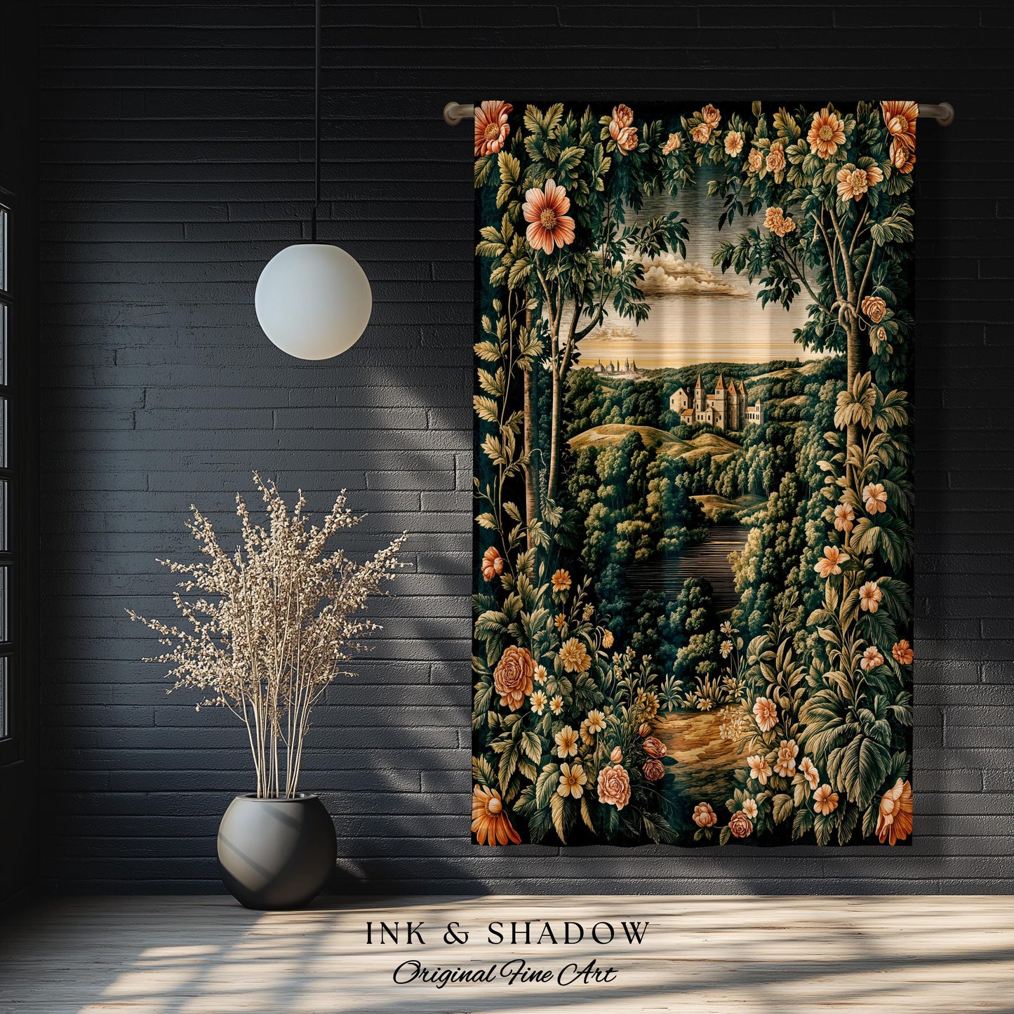 Princess Medieval Castle Window Curtains | Rustic Floral Landscape Whimsigoth Ethereal Bedroom Aesthetic Drapes Woodland Goth Romantic Decor
