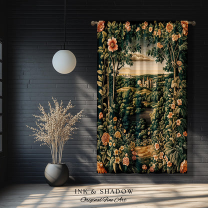 Princess Medieval Castle Window Curtains | Rustic Floral Landscape Whimsigoth Ethereal Bedroom Aesthetic Drapes Woodland Goth Romantic Decor