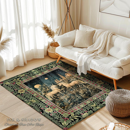 Dreamy Castle Landscape Unicorn Rug | Whimsical Elegance Bedroom Accent Rug Magical Storybook Aesthetic Fairytale Landscape Enchanted Style