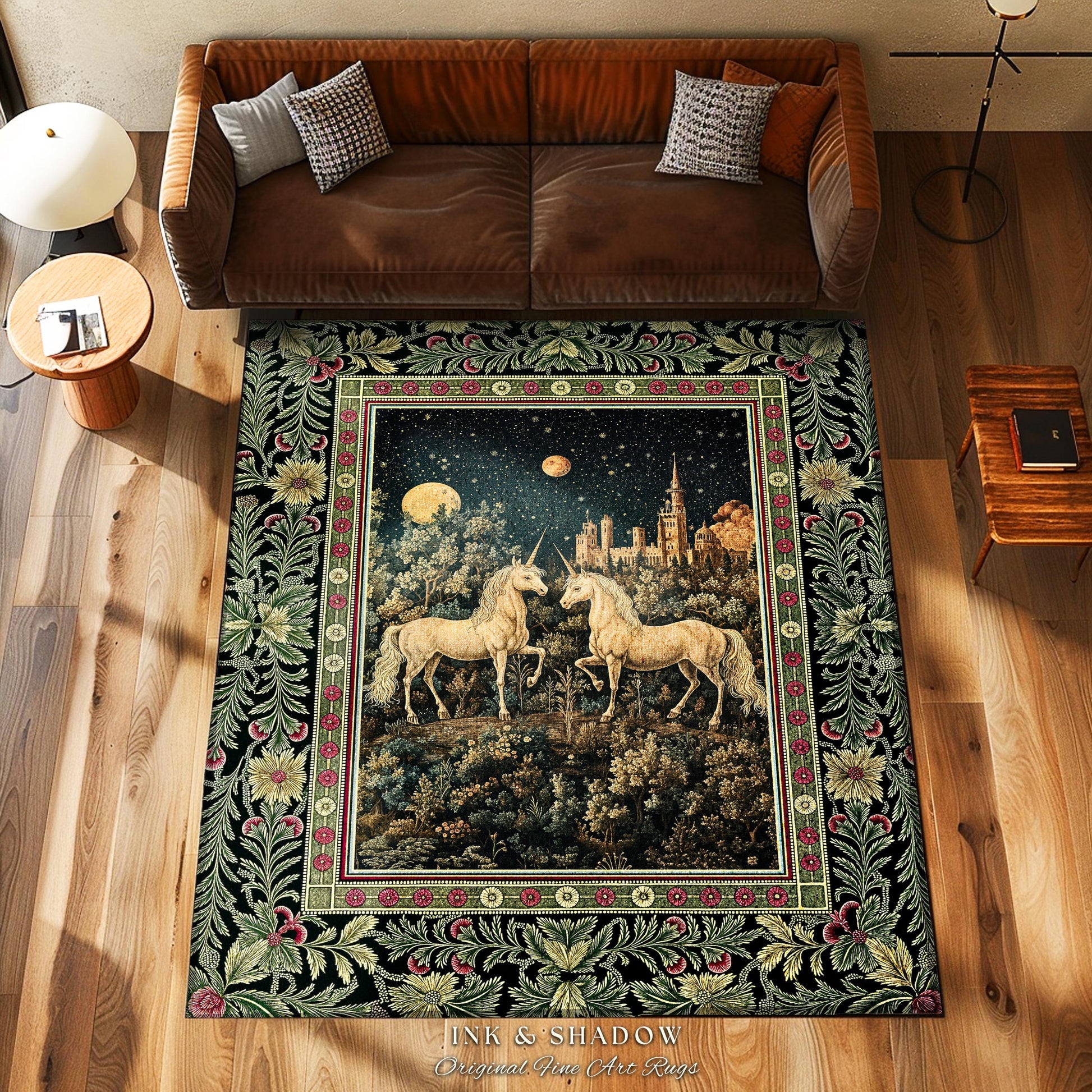 Dreamy Castle Landscape Unicorn Rug | Whimsical Elegance Bedroom Accent Rug Magical Storybook Aesthetic Fairytale Landscape Enchanted Style