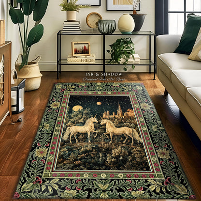 Dreamy Castle Landscape Unicorn Rug | Whimsical Elegance Bedroom Accent Rug Magical Storybook Aesthetic Fairytale Landscape Enchanted Style