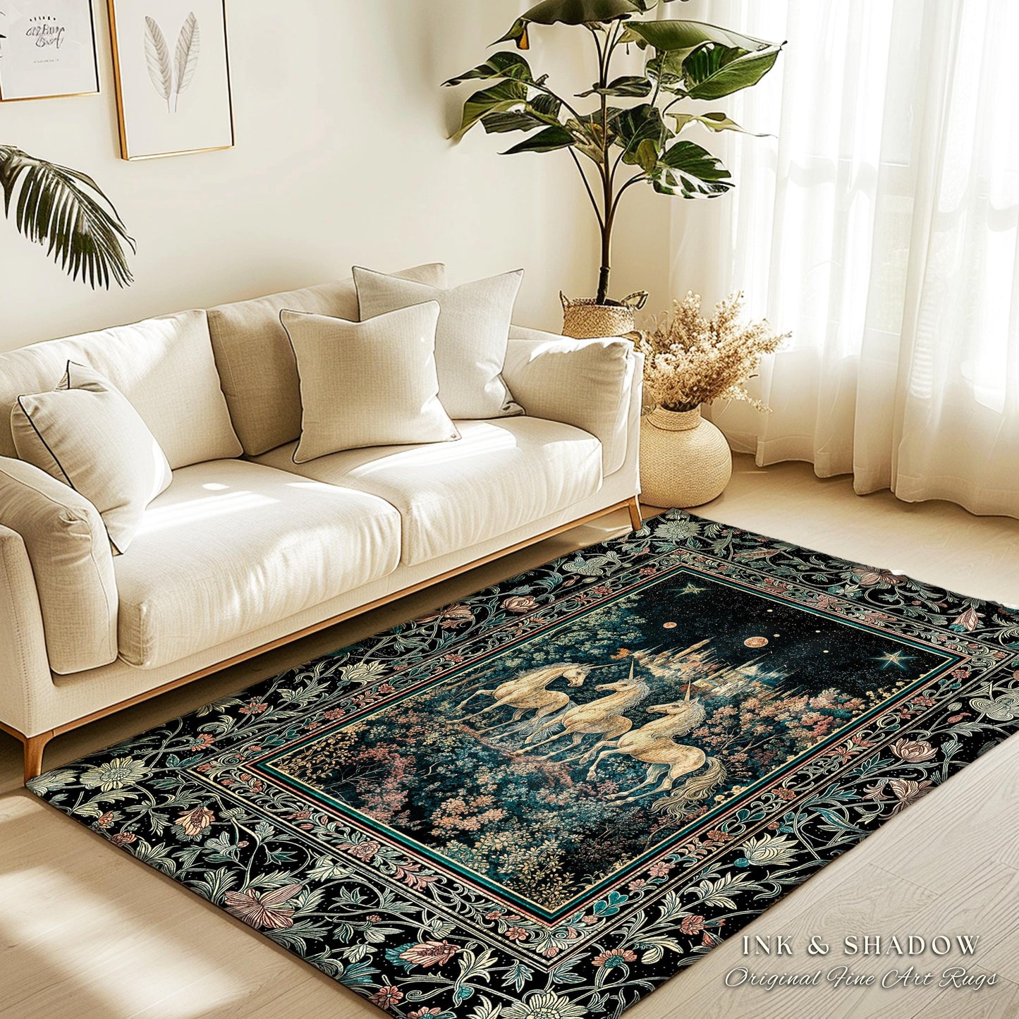 Mystic Academia Unicorn Area Rug | Dark Victorian Gothic Floral Landscape Magical Elegance Aesthetic Accent Rug Storybook Fairytale Artwork