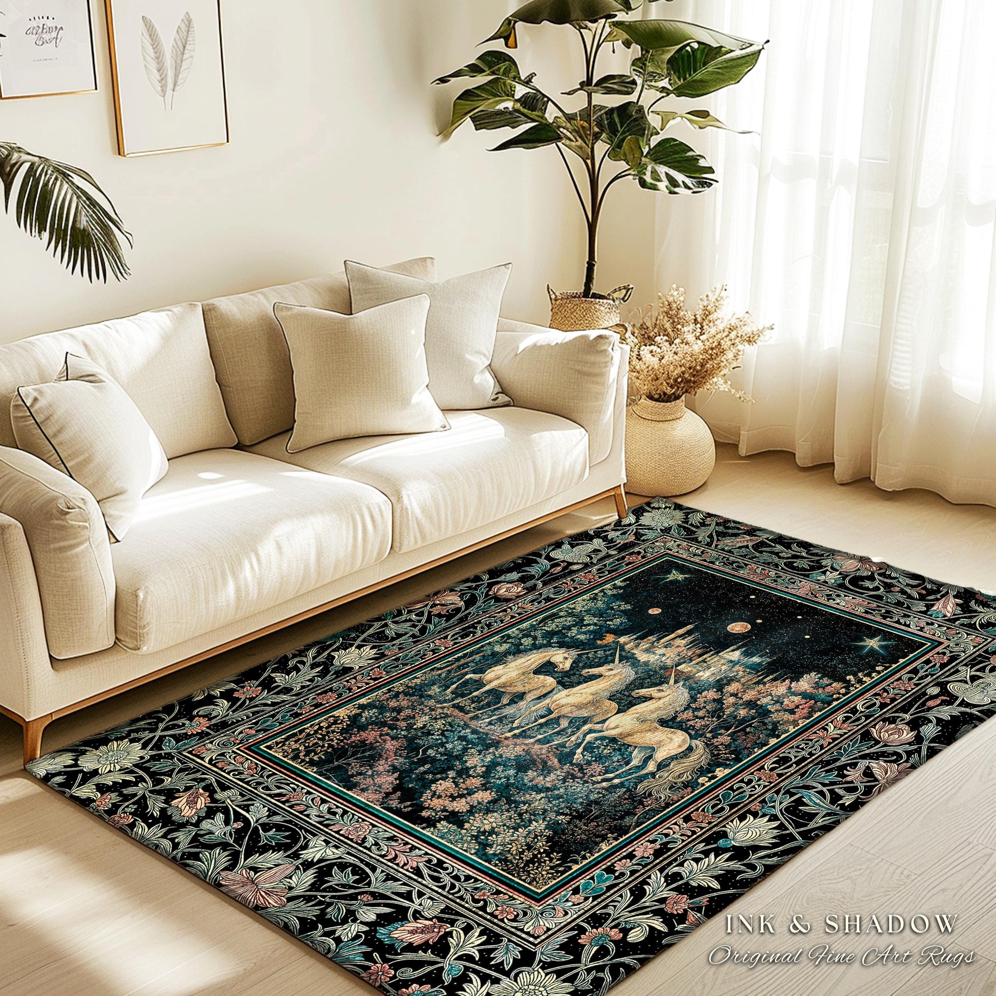 Mystic Academia Unicorn Area Rug | Dark Victorian Gothic Floral Landscape Magical Elegance Aesthetic Accent Rug Storybook Fairytale Artwork