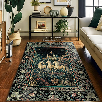 Mystic Academia Unicorn Area Rug | Dark Victorian Gothic Floral Landscape Magical Elegance Aesthetic Accent Rug Storybook Fairytale Artwork