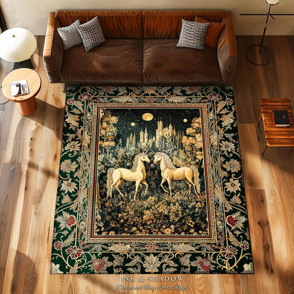 Royal Aesthetic Woven Unicorn Rug | Fairycore Rustic Area Rug Home Accent Gothic Whimsical Florals Storybook Bedroom Whimsical Ornate Gothic