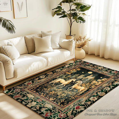 Royal Aesthetic Woven Unicorn Rug | Fairycore Rustic Area Rug Home Accent Gothic Whimsical Florals Storybook Bedroom Whimsical Ornate Gothic