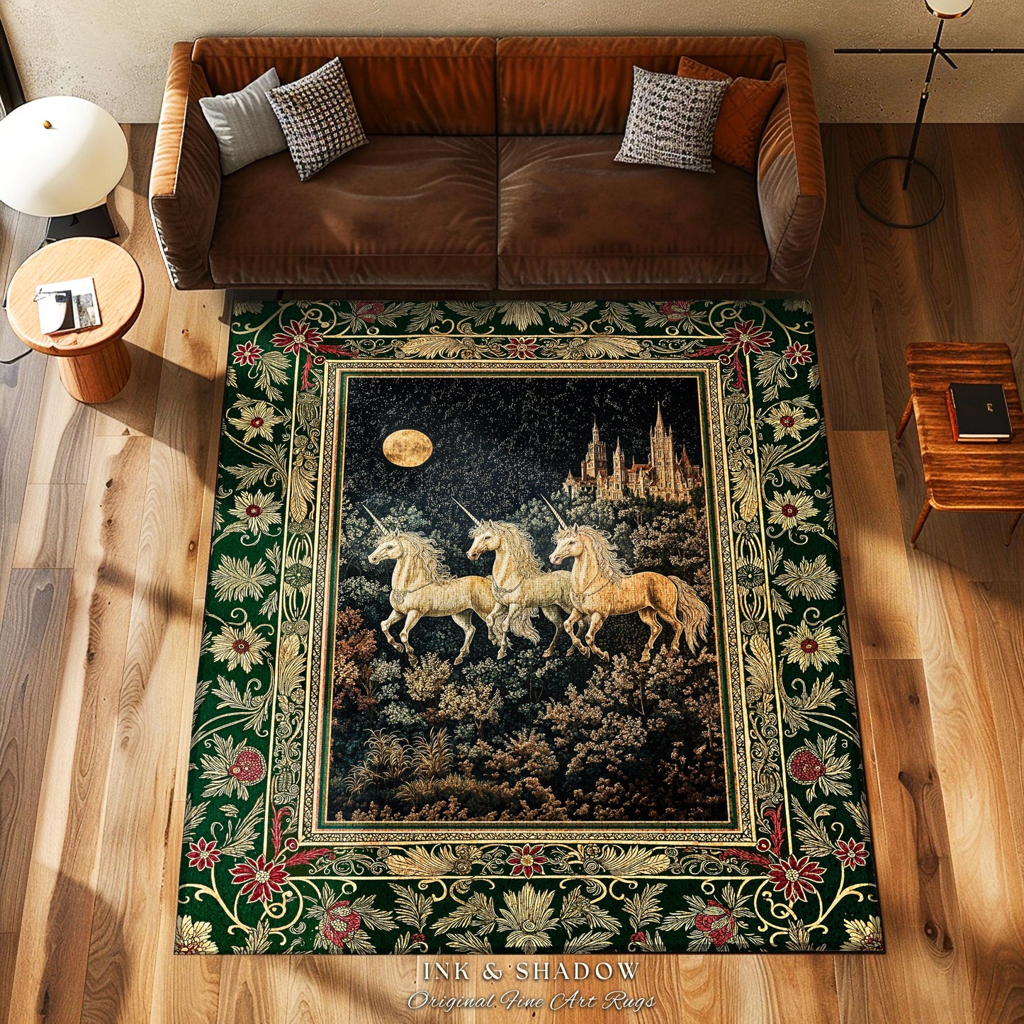 Fairytale Theme Moonlit Ethereal Rug | Unicorn Royalcore Accent Rug Castle Aesthetic Dreamy Bedroom Baroque Home Accent Gothic Art Area Rug