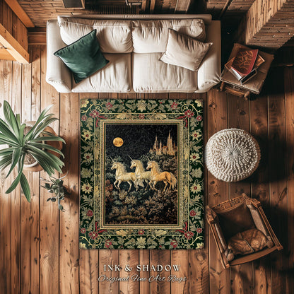 Fairytale Theme Moonlit Ethereal Rug | Unicorn Royalcore Accent Rug Castle Aesthetic Dreamy Bedroom Baroque Home Accent Gothic Art Area Rug