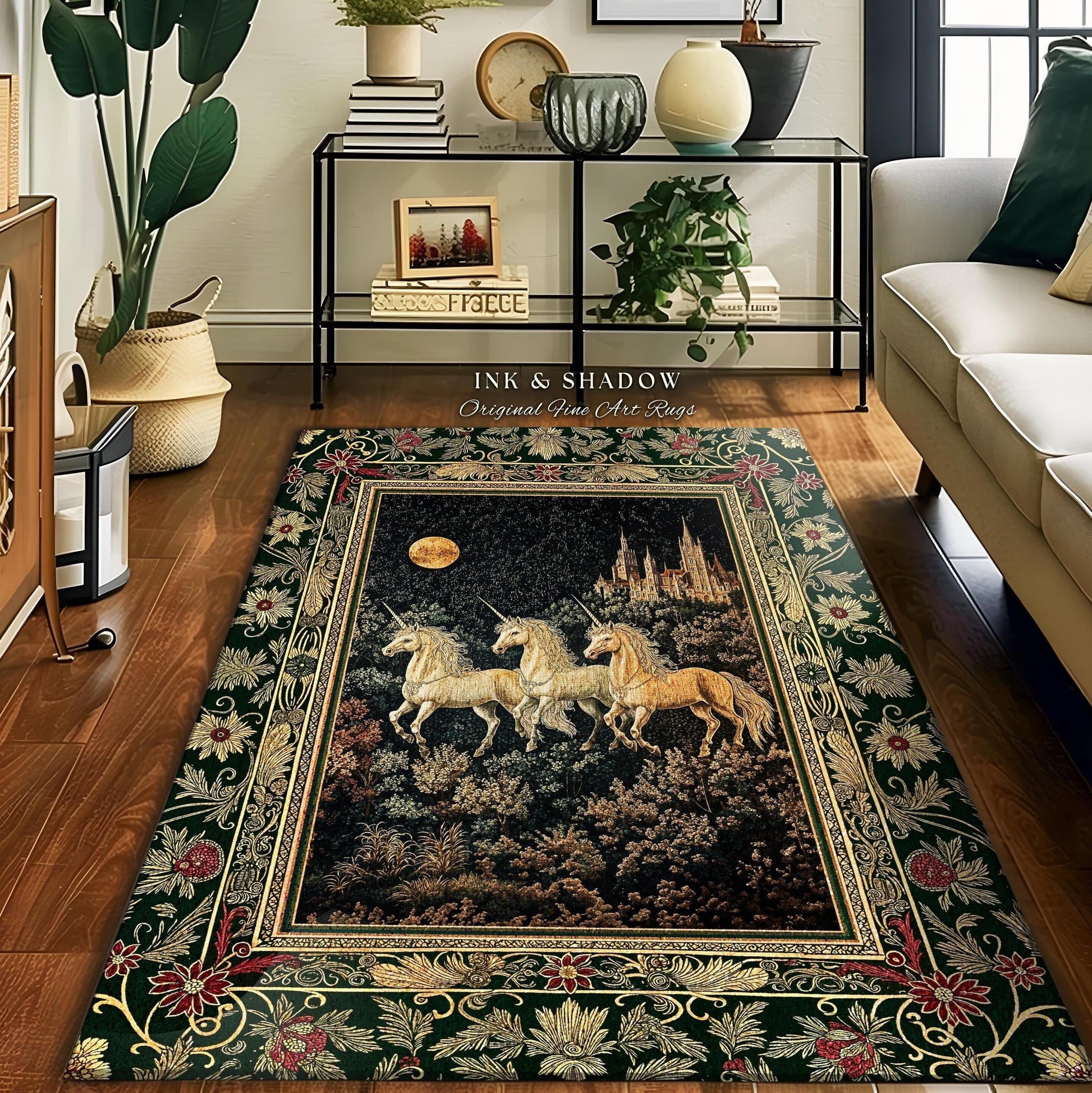 Fairytale Theme Moonlit Ethereal Rug | Unicorn Royalcore Accent Rug Castle Aesthetic Dreamy Bedroom Baroque Home Accent Gothic Art Area Rug