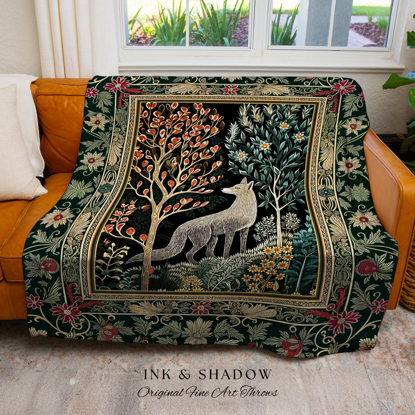 Danish Folk Art Forest Woodland Throw | Cozy Interiors Bohemian Elegance Scandinavian Aesthetic Bohemian Woven Tapestry Magical Fairytale |