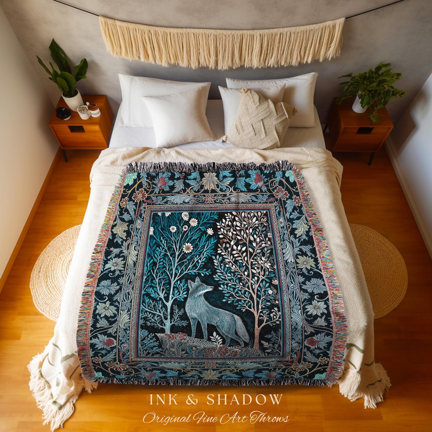 Rustic Storybook Cabin Tapestry | Bohemian Hygge Aesthetic Scandinavian Woodland Wolf Cottagecore Home Decor Whimsical Woven Throw Blanket |