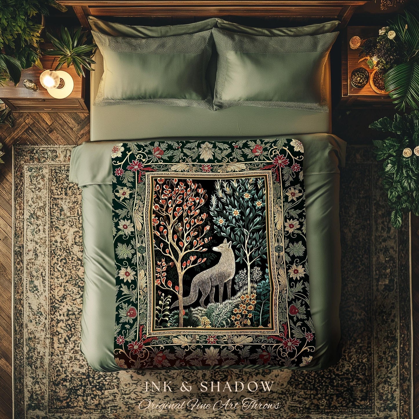 Danish Folk Art Forest Woodland Throw | Cozy Interiors Bohemian Elegance Scandinavian Aesthetic Bohemian Woven Tapestry Magical Fairytale |