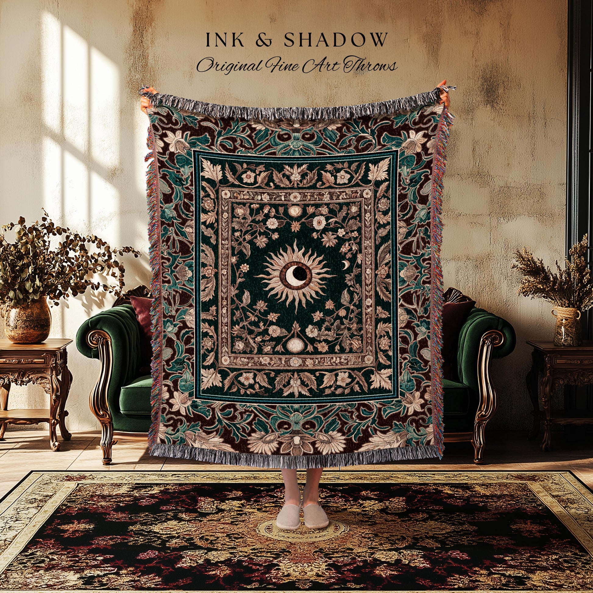 Moon and Sun Ethereal Bohemian Blanket | Celestial Tarot Aesthetic Zodiac Inspired Throw Floral Maximalist Bedroom Ethereal Woven Tapestry |