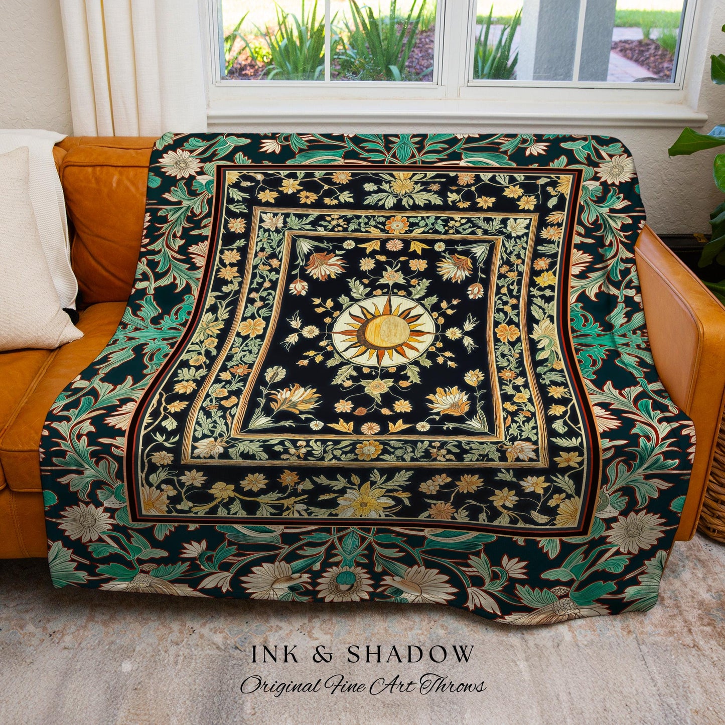 Witchy Sun Dark Academia Throw | Bohemian Rustic Whimsical Gothic Maximalist Bedroom Woven Tapestry Whimsical Celestial Astrology Aesthetic