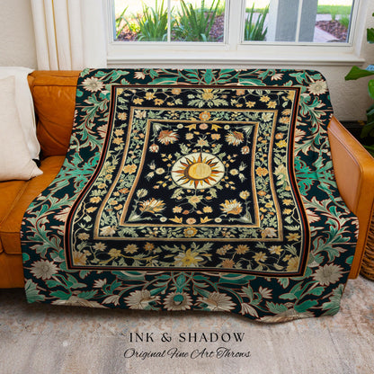 Witchy Sun Dark Academia Throw | Bohemian Rustic Whimsical Gothic Maximalist Bedroom Woven Tapestry Whimsical Celestial Astrology Aesthetic